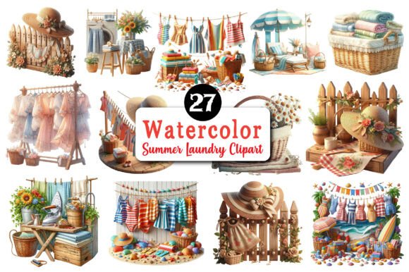 Download Watercolor Summer Laundry Clipart Bundle - Summer laundry Collection