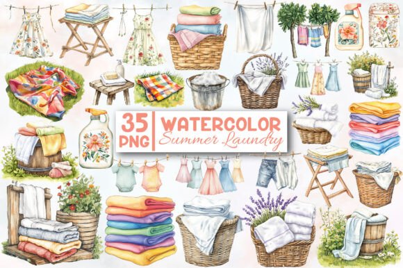 Download Watercolor Summer Laundry Clipart Bundle - Summer laundry Collection